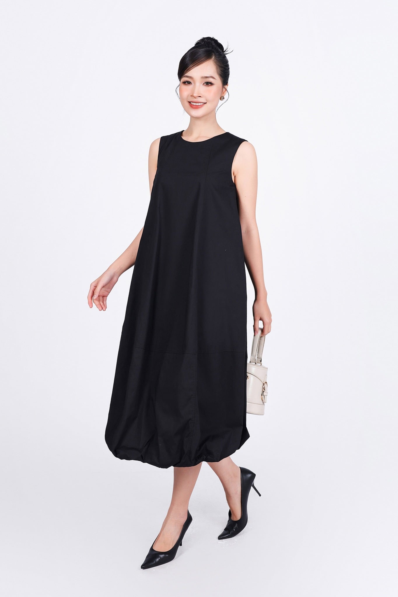 FDP53701 - Đầm dạo phố vải thô kate dáng bom cổ tròn không tay - PANTIO