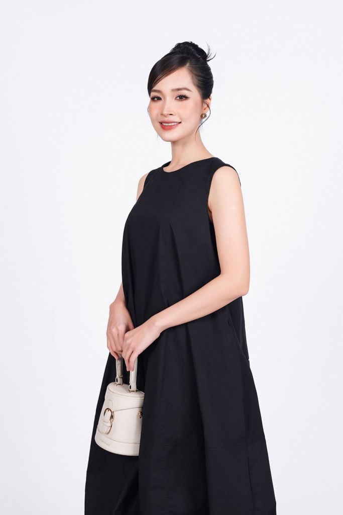FDP53701 - Đầm dạo phố vải thô kate dáng bom cổ tròn không tay - PANTIO