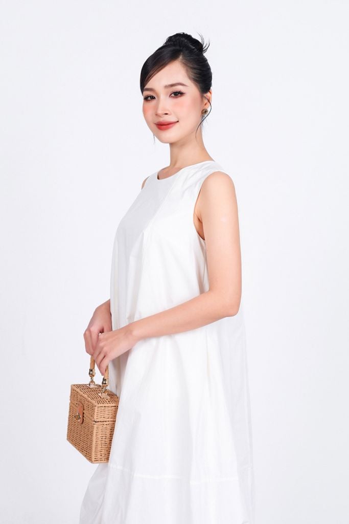 FDP53701 - Đầm dạo phố vải thô kate dáng bom cổ tròn không tay - PANTIO