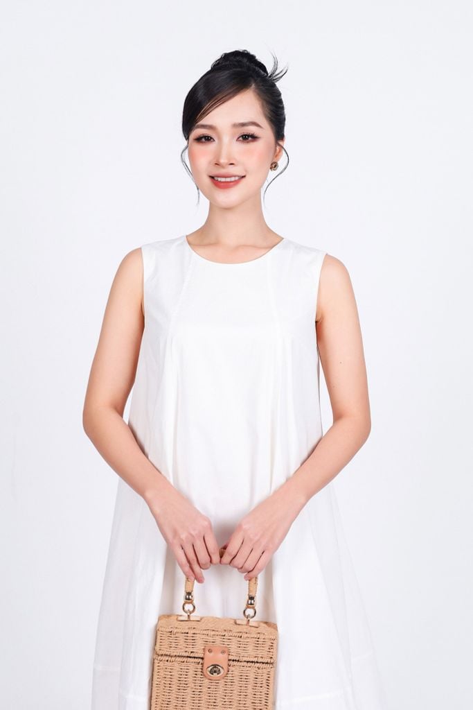 FDP53701 - Đầm dạo phố vải thô kate dáng bom cổ tròn không tay - PANTIO