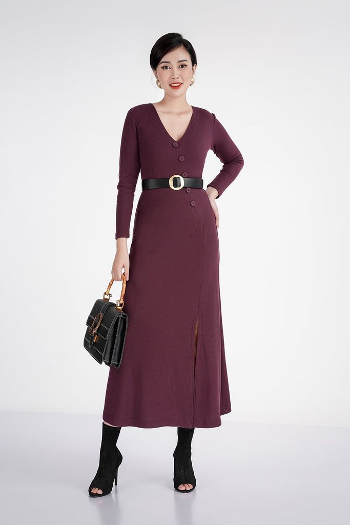 Đầm len dáng xuông, cúc ngực, xẻ tà trước FDP72825 - PANTIO