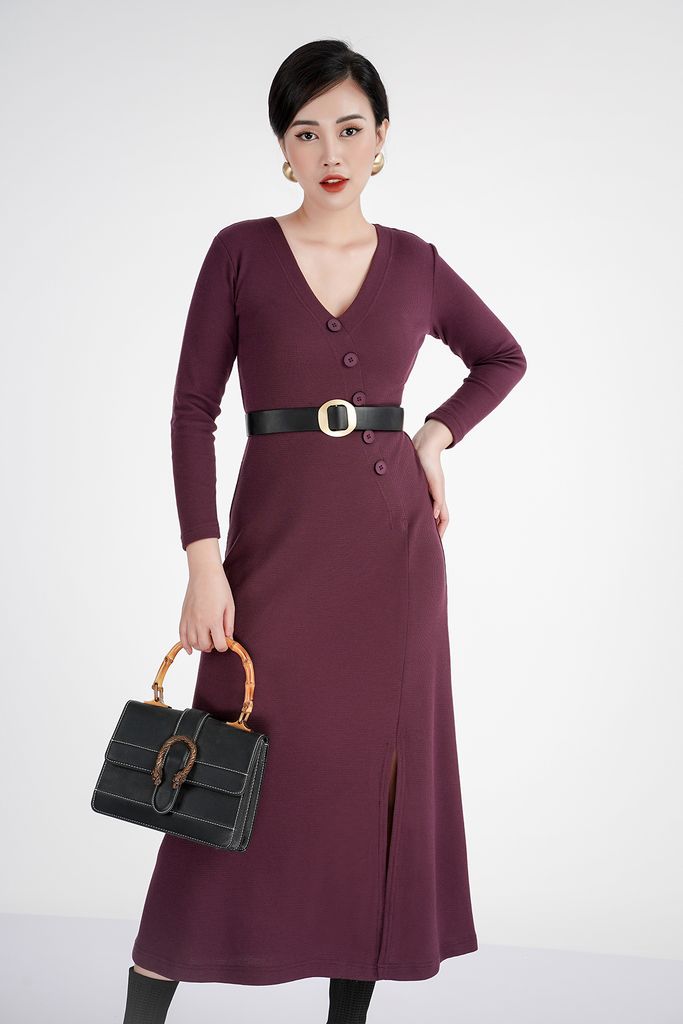 Đầm len dáng xuông, cúc ngực, xẻ tà trước FDP72825 - PANTIO