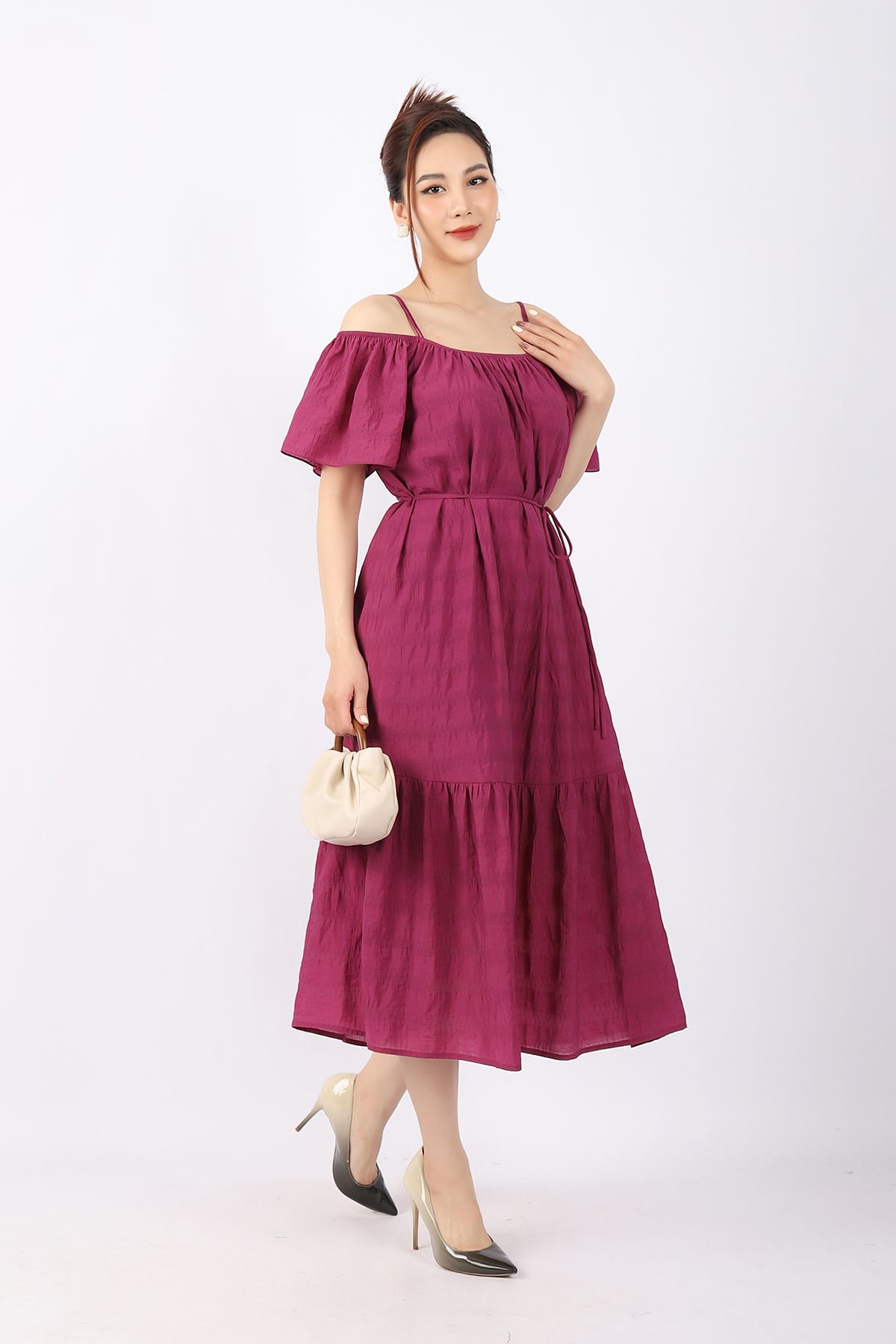 FDP73187 - Đầm dạo phố vải thô nhăn dáng Xoè hai dây vai đổ tay loe kèm đai tạo kiểu - PANTIO