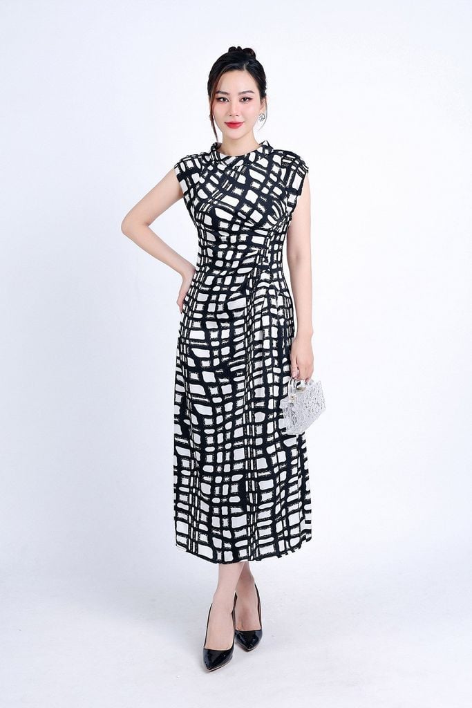 FDP73354 - Đầm dạo phố vải lụa hai lớp lót habutai dáng suông dài cổ tròn tay chờm eo nhún tạo kiểu khoá thân sau - PANTIO