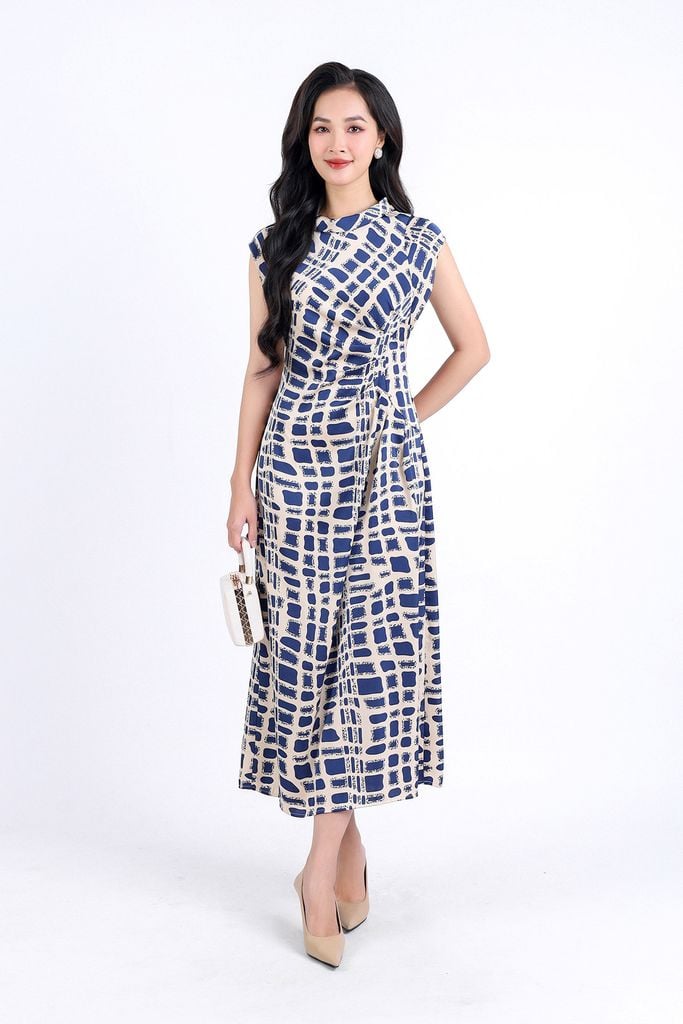 FDP73354 - Đầm dạo phố vải lụa hai lớp lót habutai dáng suông dài cổ tròn tay chờm eo nhún tạo kiểu khoá thân sau - PANTIO
