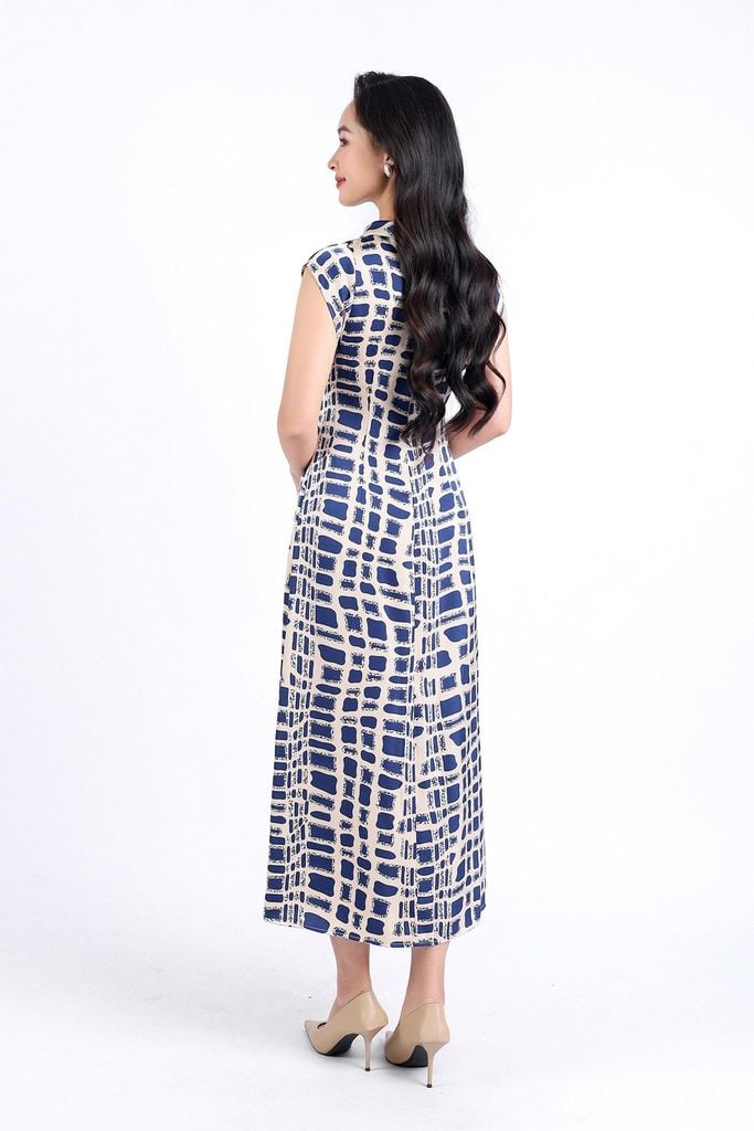 FDP73354 - Đầm dạo phố vải lụa hai lớp lót habutai dáng suông dài cổ tròn tay chờm eo nhún tạo kiểu khoá thân sau - PANTIO