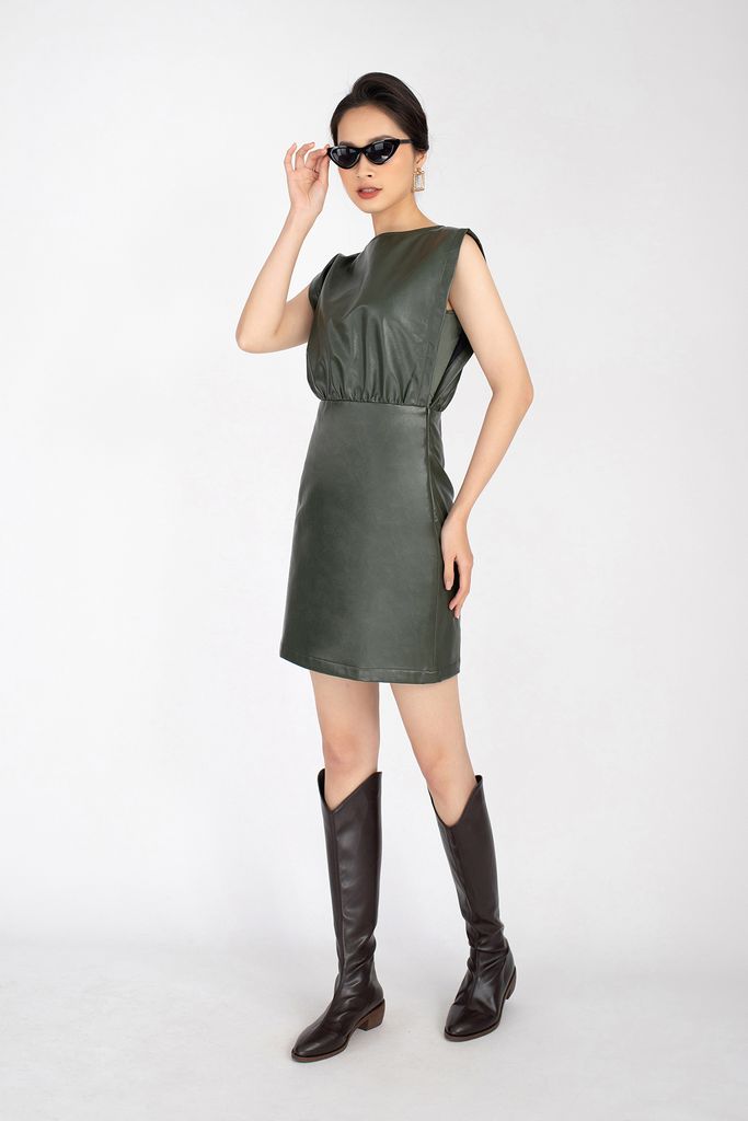 FDP92837 - Đầm dạo phố chất liệu vải da vai chờm chiết eo - PANTIO