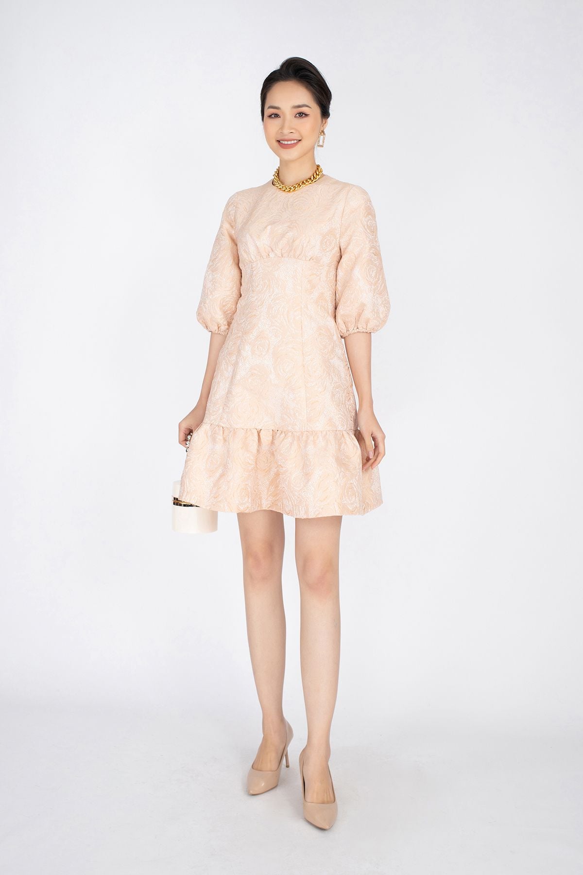 FDP92839 - Đầm dạo phố chất liệu vải tafta dáng đuôi cá tay bồng - PANTIO