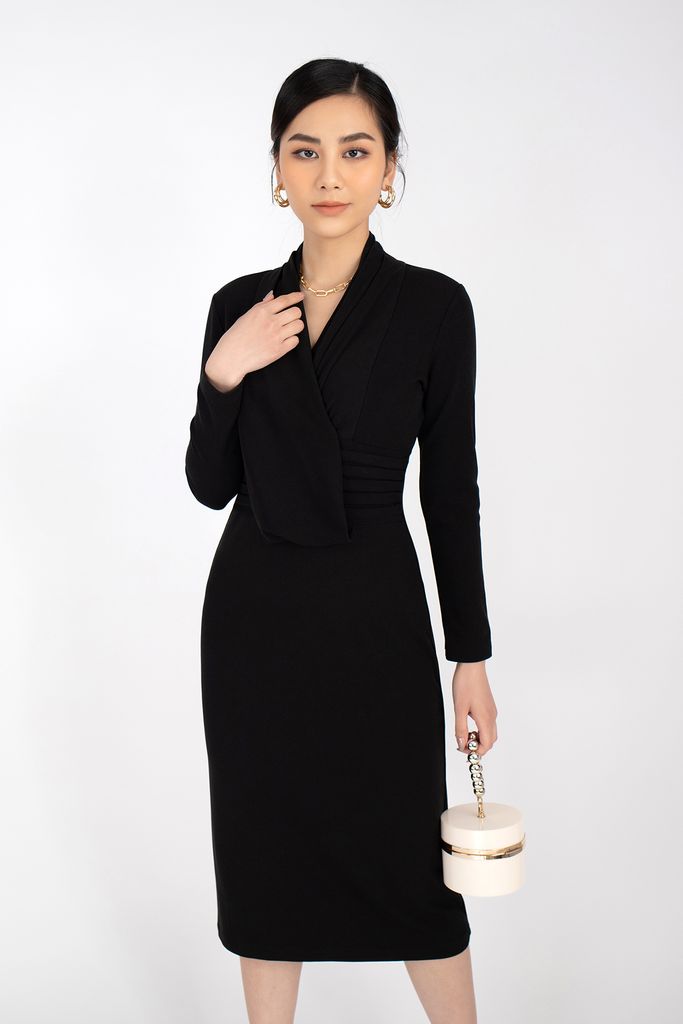 FDP92843 - Đầm dạo phố vải len dáng ôm vạt đổ xếp nếp - PANTIO