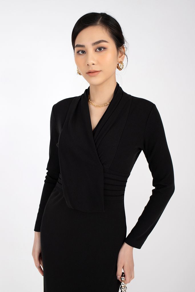 FDP92843 - Đầm dạo phố vải len dáng ôm vạt đổ xếp nếp - PANTIO