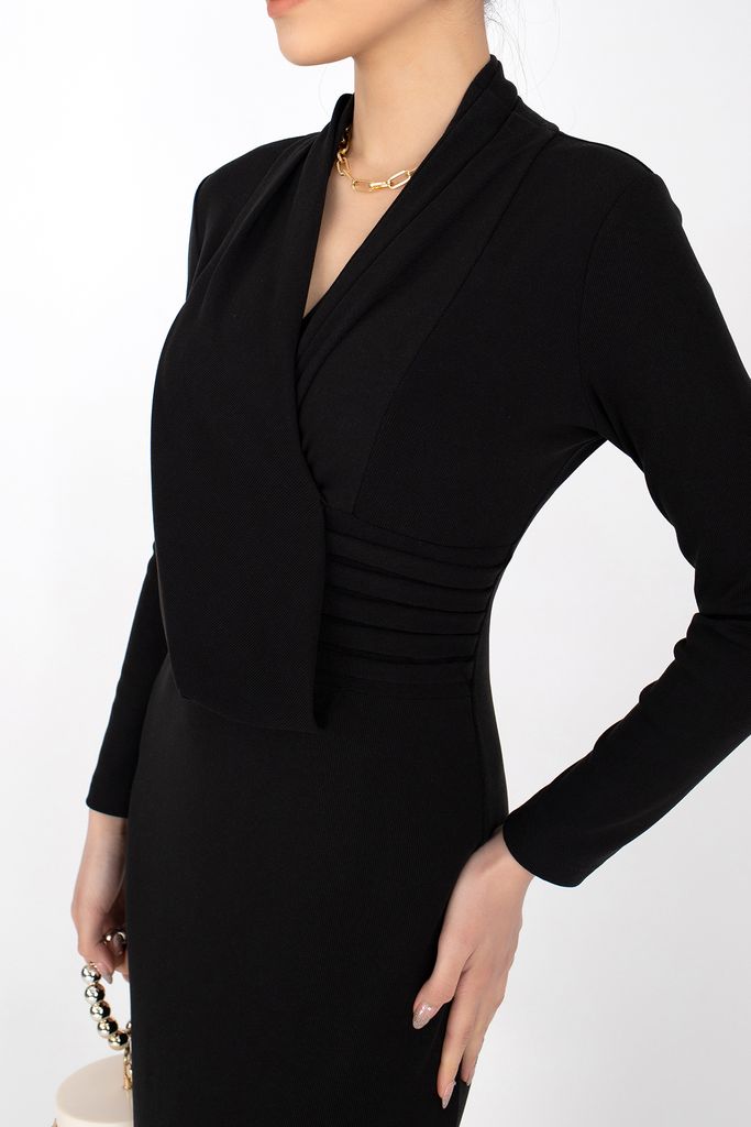 FDP92843 - Đầm dạo phố vải len dáng ôm vạt đổ xếp nếp - PANTIO