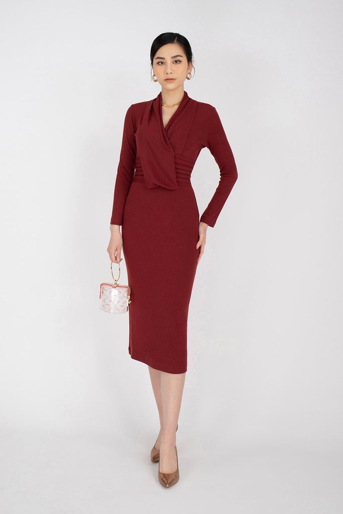 FDP92843 - Đầm dạo phố vải len dáng ôm vạt đổ xếp nếp - PANTIO