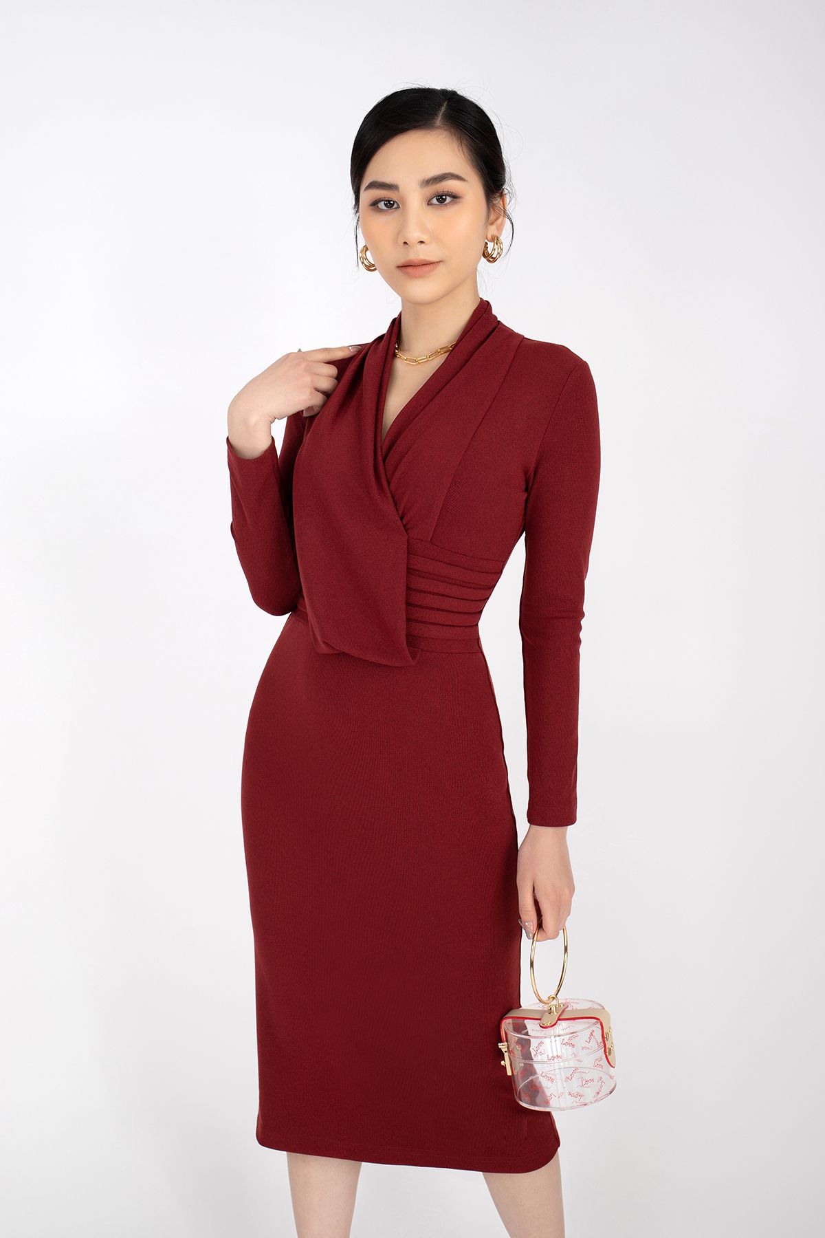 FDP92843 - Đầm dạo phố vải len dáng ôm vạt đổ xếp nếp - PANTIO