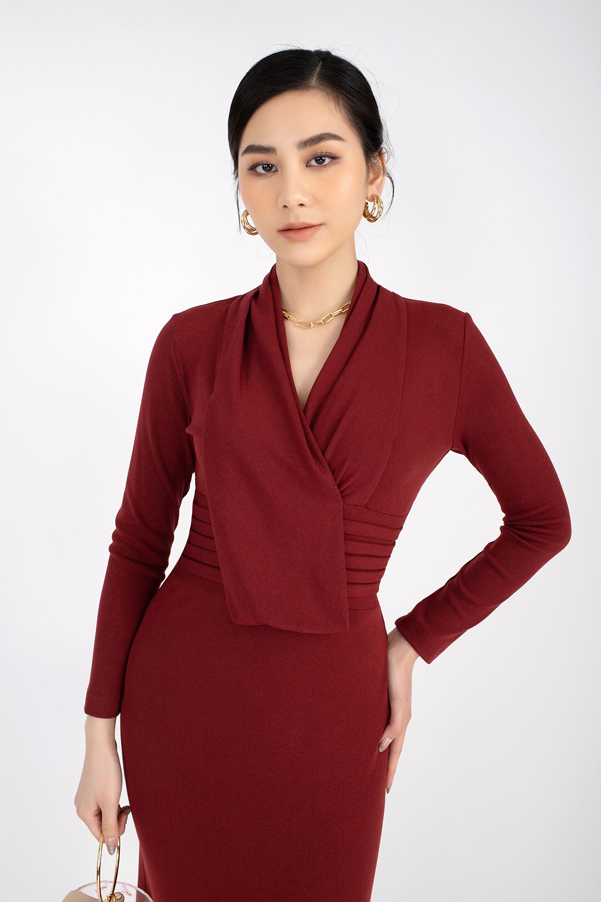 FDP92843 - Đầm dạo phố vải len dáng ôm vạt đổ xếp nếp - PANTIO