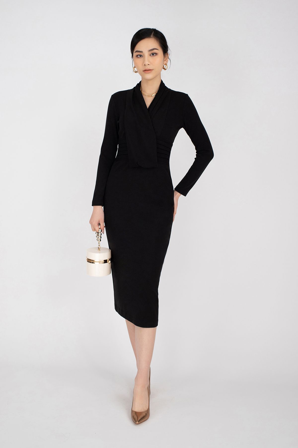 FDP92843 - Đầm dạo phố vải len dáng ôm vạt đổ xếp nếp - PANTIO