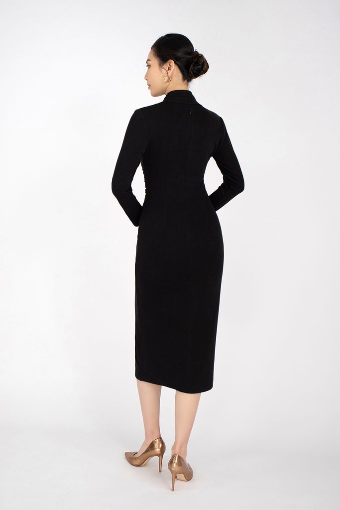 FDP92843 - Đầm dạo phố vải len dáng ôm vạt đổ xếp nếp - PANTIO