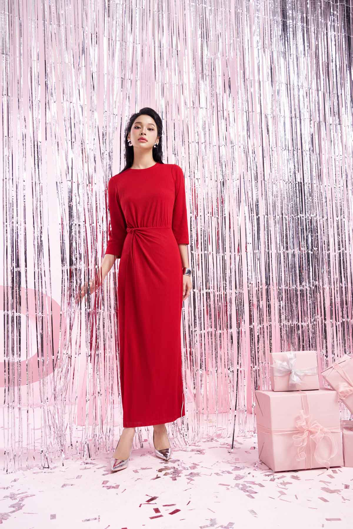 FDP93378 - Đầm dạo phố vải len cao cấp dáng suông cổ tròn eo nhún tạo kiểu - PANTIO