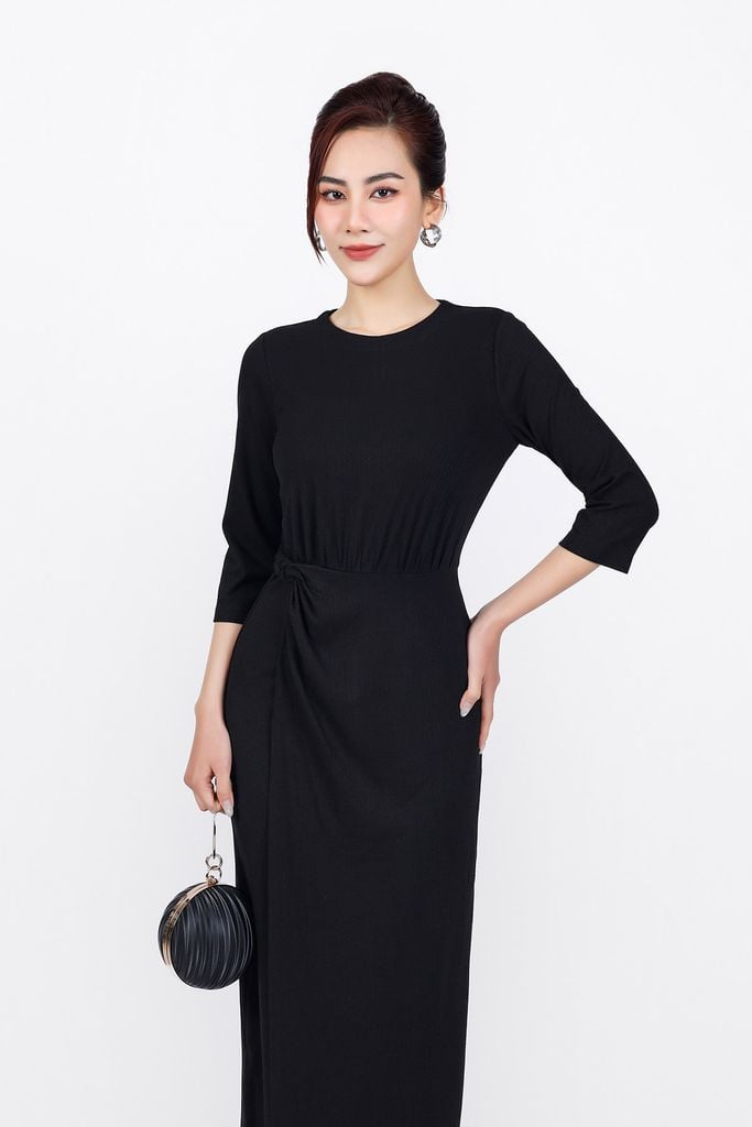 FDP93378 - Đầm dạo phố vải len cao cấp dáng suông cổ tròn eo nhún tạo kiểu - PANTIO
