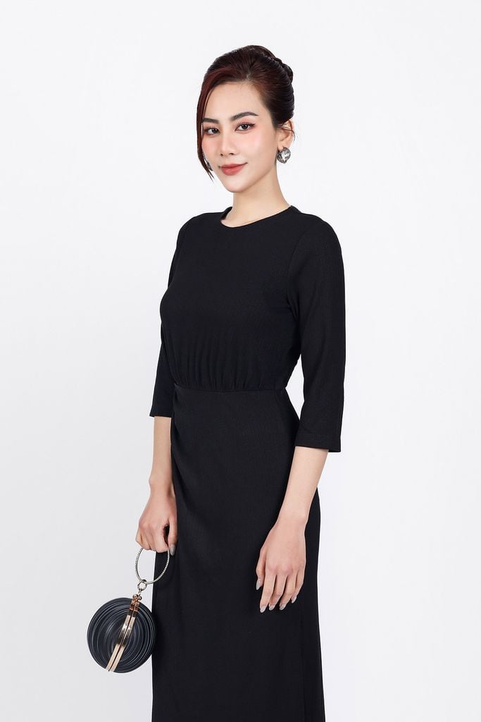 FDP93378 - Đầm dạo phố vải len cao cấp dáng suông cổ tròn eo nhún tạo kiểu - PANTIO
