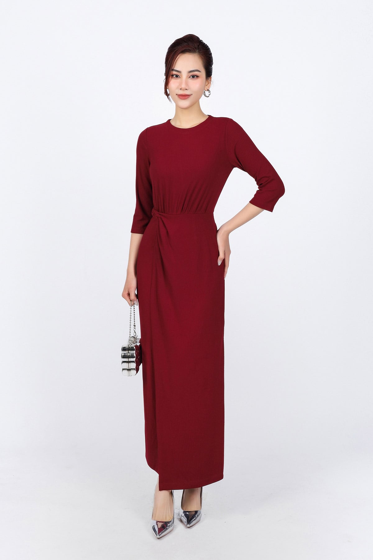 FDP93378 - Đầm dạo phố vải len cao cấp dáng suông cổ tròn eo nhún tạo kiểu - PANTIO