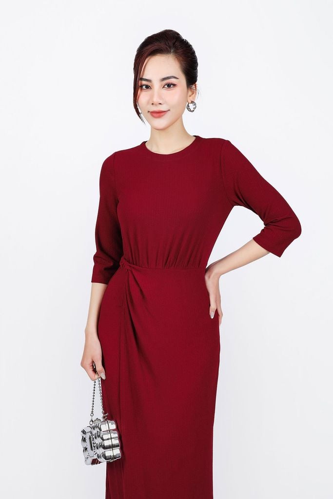 FDP93378 - Đầm dạo phố vải len cao cấp dáng suông cổ tròn eo nhún tạo kiểu - PANTIO