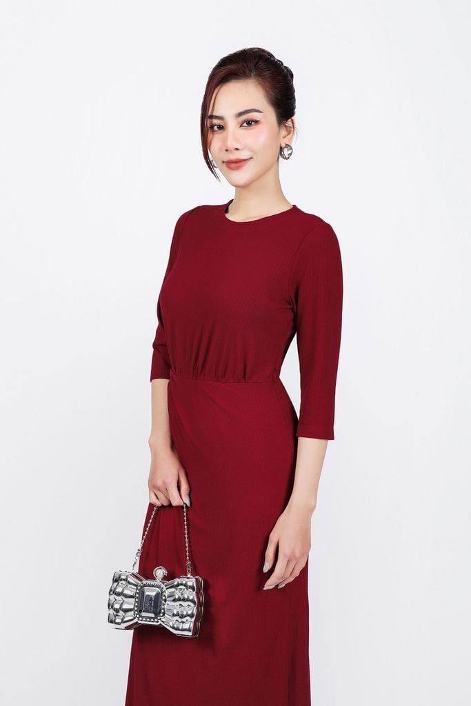 FDP93378 - Đầm dạo phố vải len cao cấp dáng suông cổ tròn eo nhún tạo kiểu - PANTIO