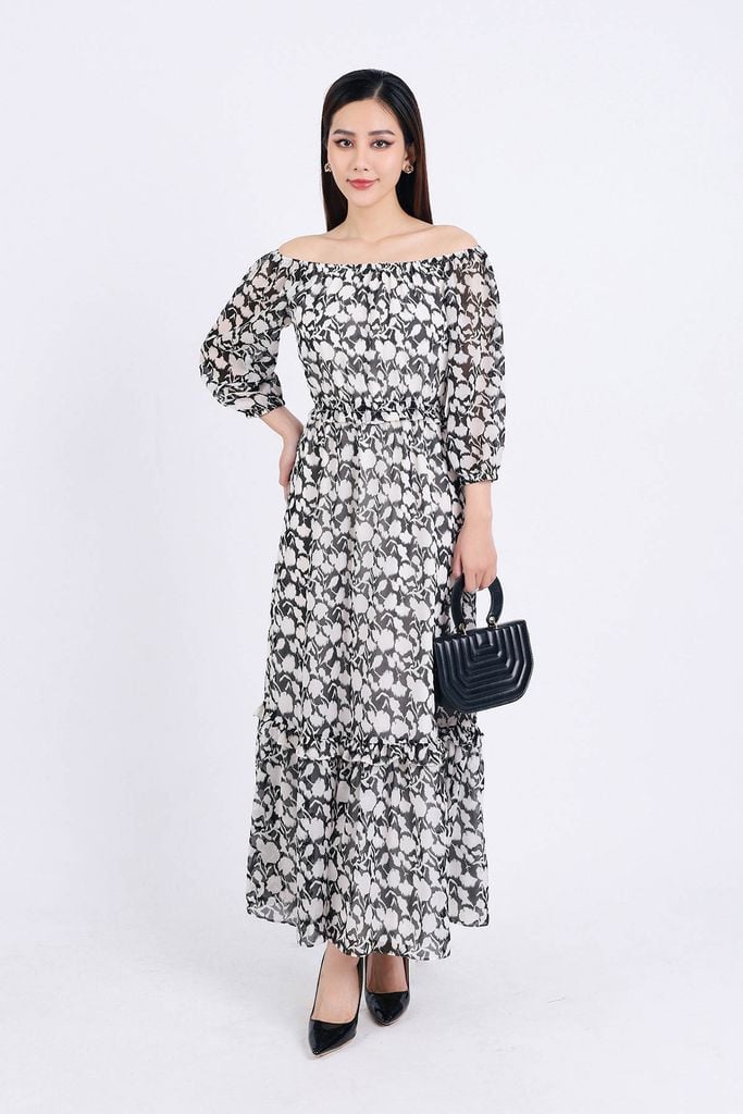 FDP93447 - Đầm dạo phố vải chiffon dáng suông hai lớp lót habutai kiểu trễ vai tay lỡ eo bo chun gấu váy xếp tầng tạo kiểu - PANTIO