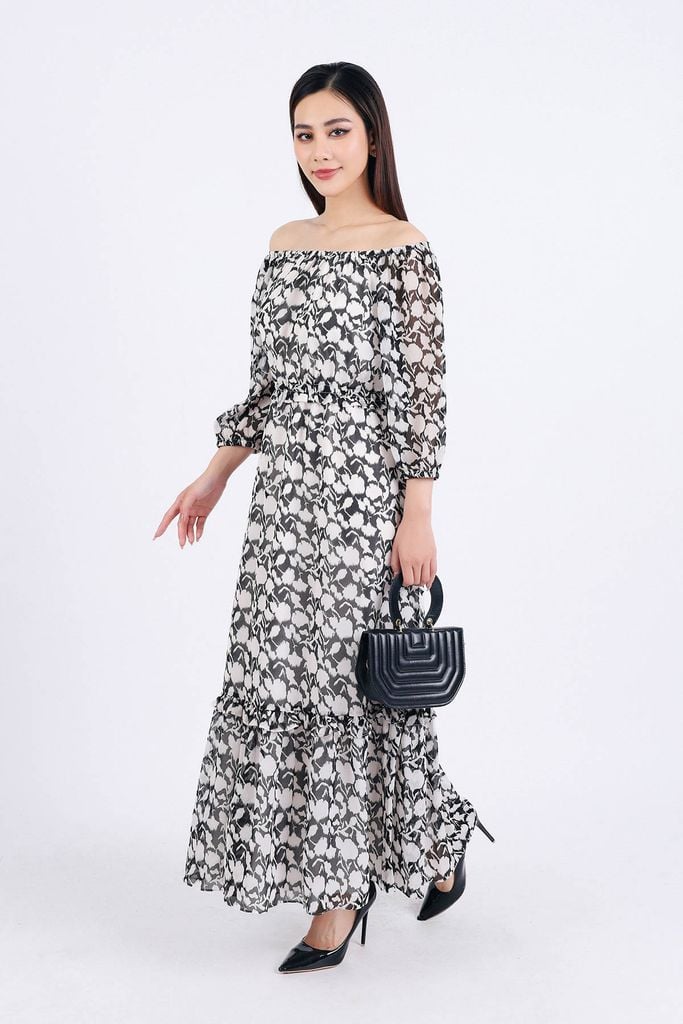 FDP93447 - Đầm dạo phố vải chiffon dáng suông hai lớp lót habutai kiểu trễ vai tay lỡ eo bo chun gấu váy xếp tầng tạo kiểu - PANTIO