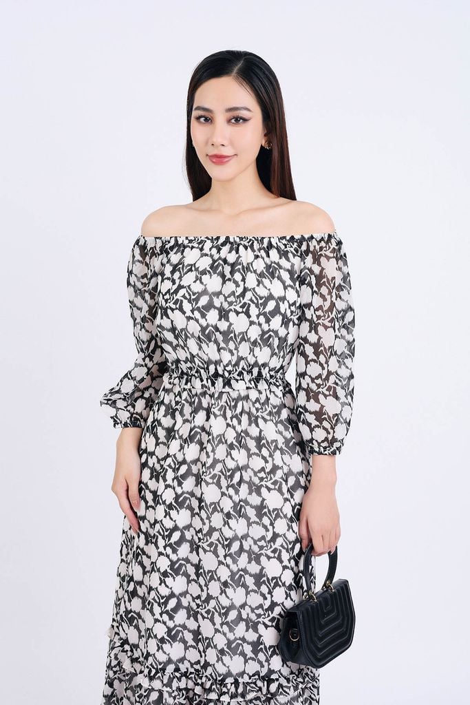 FDP93447 - Đầm dạo phố vải chiffon dáng suông hai lớp lót habutai kiểu trễ vai tay lỡ eo bo chun gấu váy xếp tầng tạo kiểu - PANTIO