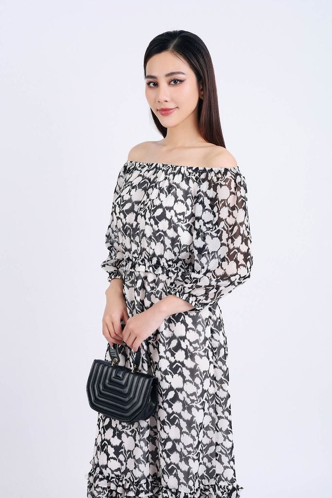 FDP93447 - Đầm dạo phố vải chiffon dáng suông hai lớp lót habutai kiểu trễ vai tay lỡ eo bo chun gấu váy xếp tầng tạo kiểu - PANTIO