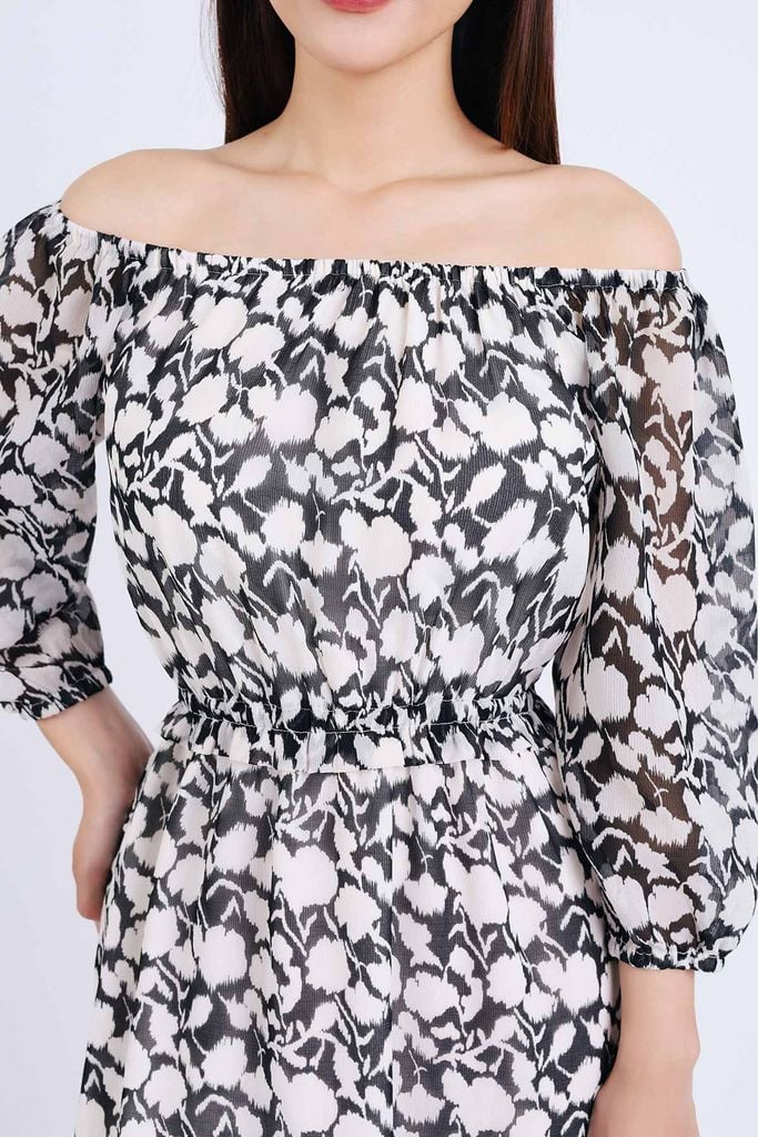 FDP93447 - Đầm dạo phố vải chiffon dáng suông hai lớp lót habutai kiểu trễ vai tay lỡ eo bo chun gấu váy xếp tầng tạo kiểu - PANTIO