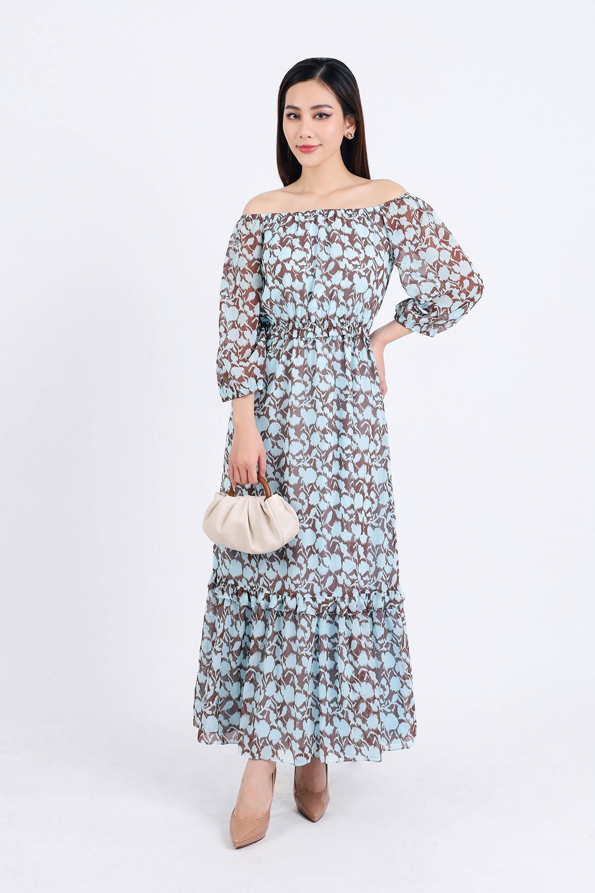 FDP93447 - Đầm dạo phố vải chiffon dáng suông hai lớp lót habutai kiểu trễ vai tay lỡ eo bo chun gấu váy xếp tầng tạo kiểu - PANTIO