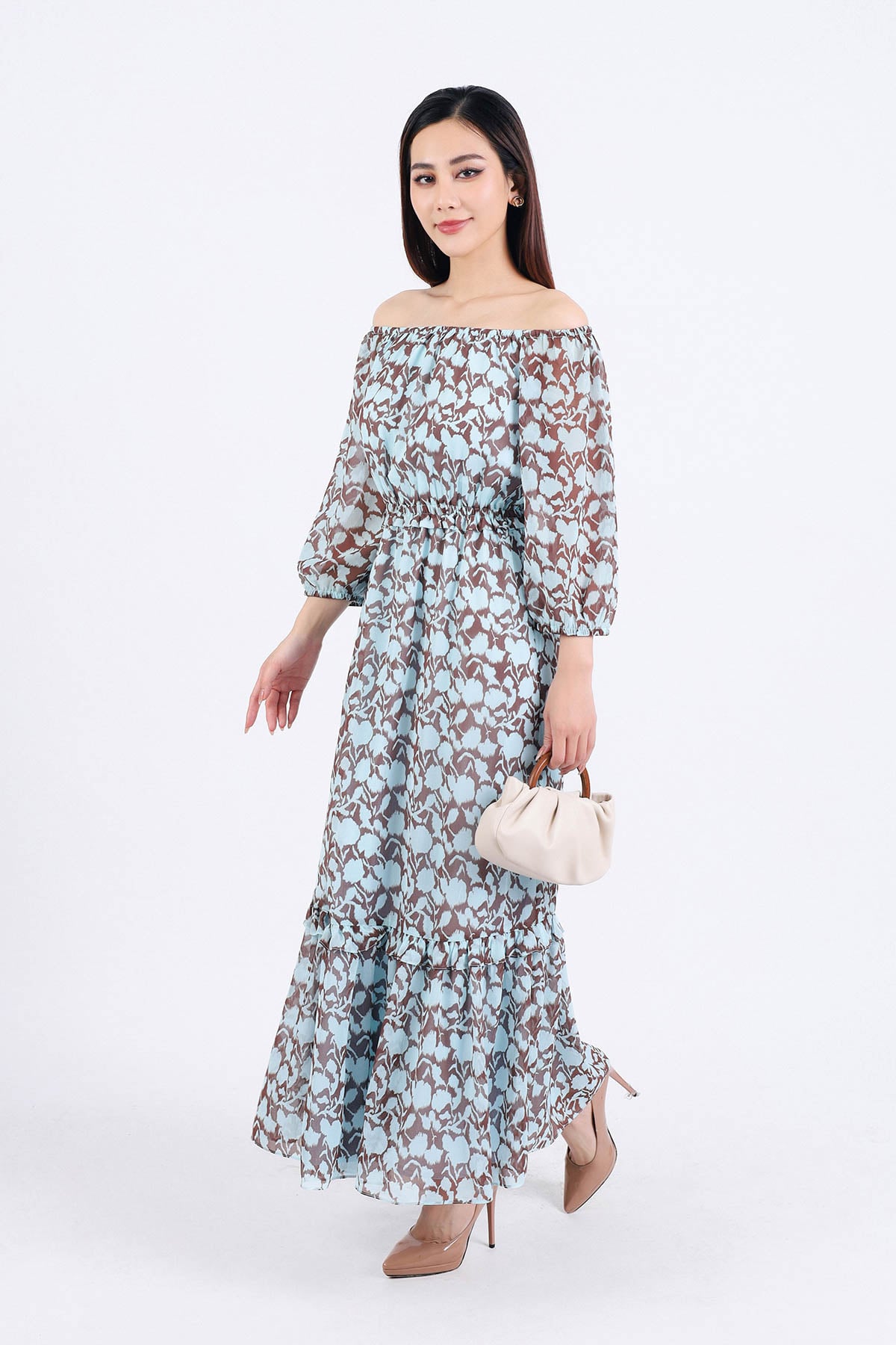 FDP93447 - Đầm dạo phố vải chiffon dáng suông hai lớp lót habutai kiểu trễ vai tay lỡ eo bo chun gấu váy xếp tầng tạo kiểu - PANTIO