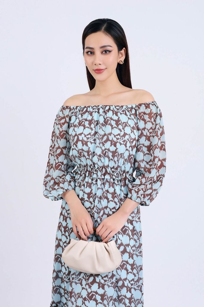 FDP93447 - Đầm dạo phố vải chiffon dáng suông hai lớp lót habutai kiểu trễ vai tay lỡ eo bo chun gấu váy xếp tầng tạo kiểu - PANTIO