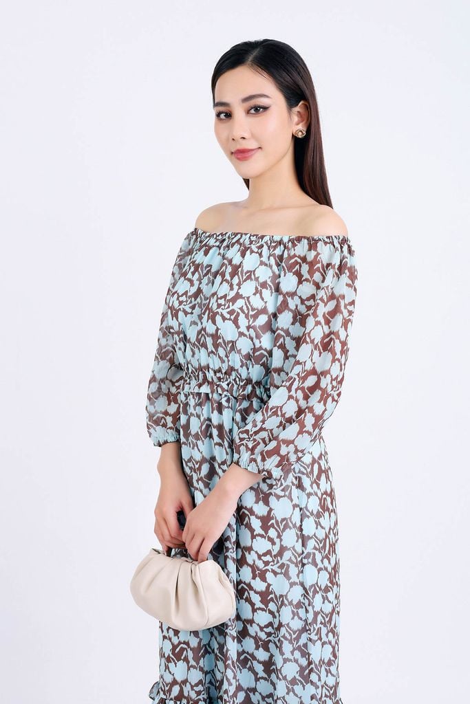 FDP93447 - Đầm dạo phố vải chiffon dáng suông hai lớp lót habutai kiểu trễ vai tay lỡ eo bo chun gấu váy xếp tầng tạo kiểu - PANTIO