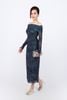 FDP93450 - Đầm dạo phố vải lưới dáng ôm co giãn trễ vai eo nhún tạo kiểu tay phối dây rút - PANTIO