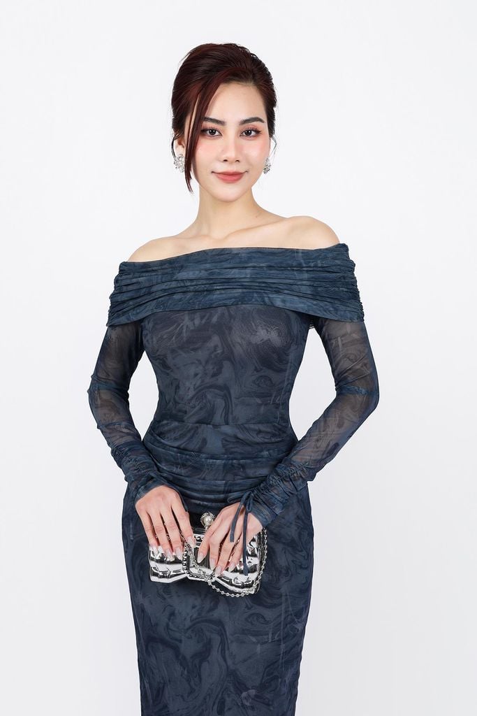 FDP93450 - Đầm dạo phố vải lưới dáng ôm co giãn trễ vai eo nhún tạo kiểu tay phối dây rút - PANTIO