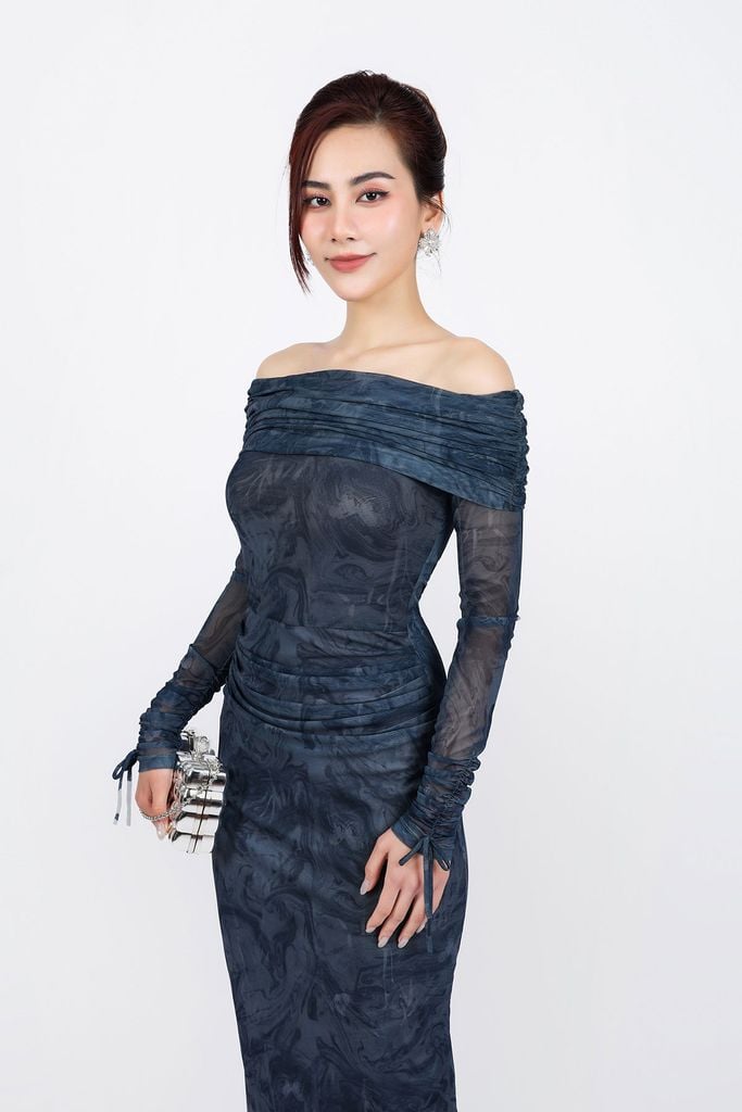 FDP93450 - Đầm dạo phố vải lưới dáng ôm co giãn trễ vai eo nhún tạo kiểu tay phối dây rút - PANTIO