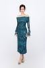 FDP93450 - Đầm dạo phố vải lưới dáng ôm co giãn trễ vai eo nhún tạo kiểu tay phối dây rút - PANTIO