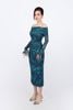 FDP93450 - Đầm dạo phố vải lưới dáng ôm co giãn trễ vai eo nhún tạo kiểu tay phối dây rút - PANTIO