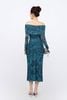 FDP93450 - Đầm dạo phố vải lưới dáng ôm co giãn trễ vai eo nhún tạo kiểu tay phối dây rút - PANTIO