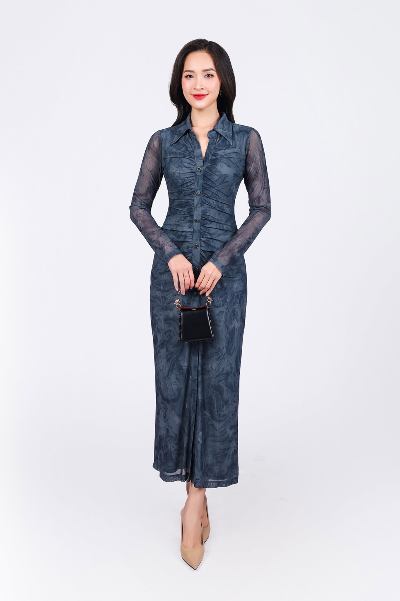 FDP93451 - Đầm dạo phố vải lưới dáng ôm cổ đức tay dài thân váy nhún phối khuy tạo kiểu xẻ tà trước khoá thân sau - PANTIO