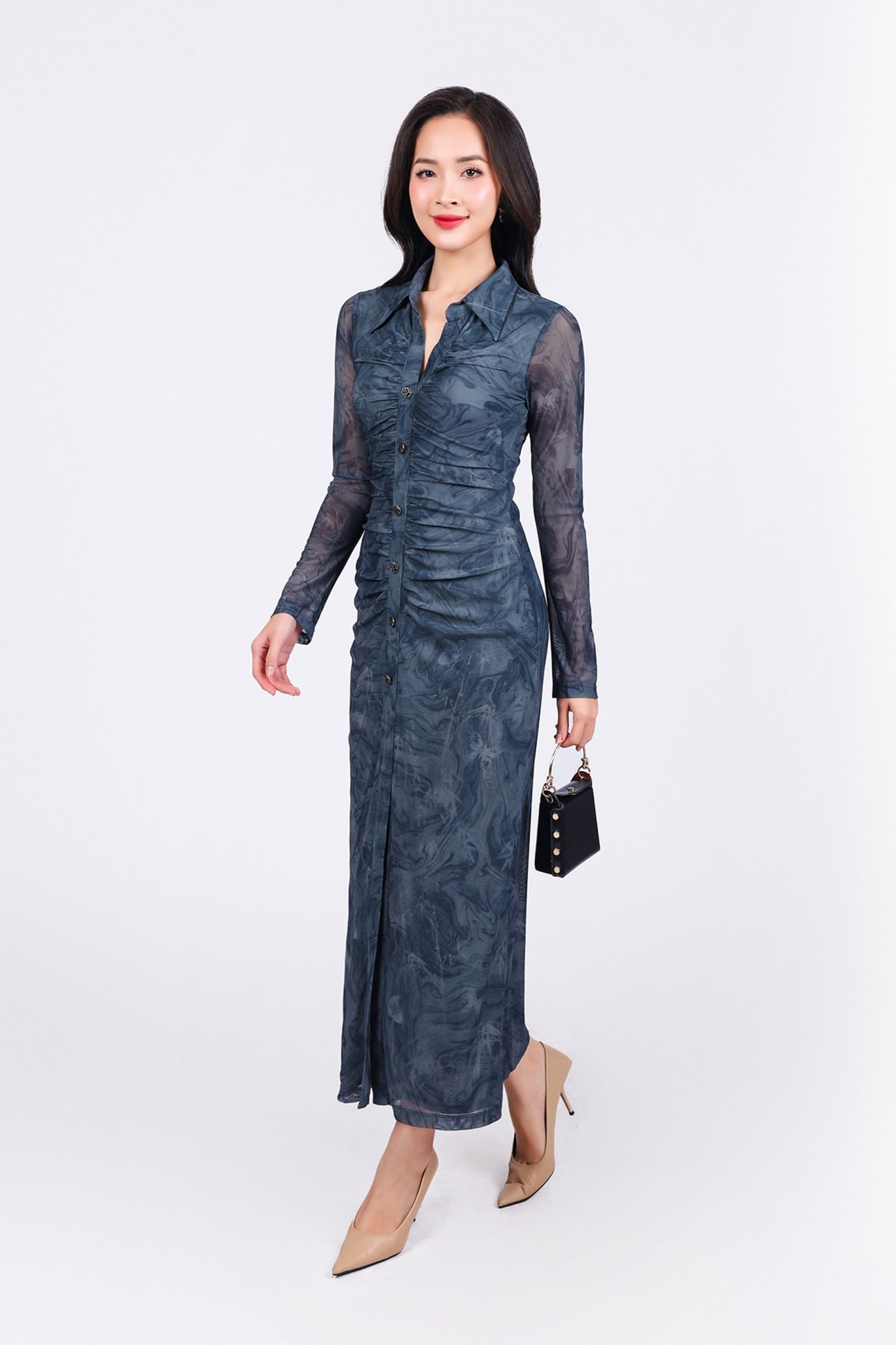 FDP93451 - Đầm dạo phố vải lưới dáng ôm cổ đức tay dài thân váy nhún phối khuy tạo kiểu xẻ tà trước khoá thân sau - PANTIO