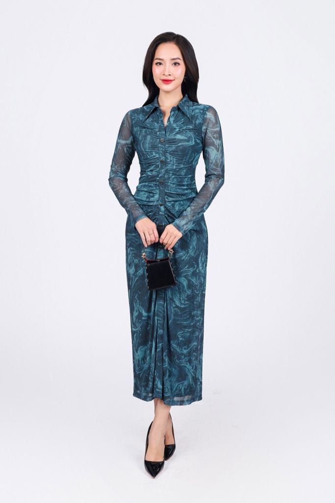 FDP93451 - Đầm dạo phố vải lưới dáng ôm cổ đức tay dài thân váy nhún phối khuy tạo kiểu xẻ tà trước khoá thân sau - PANTIO