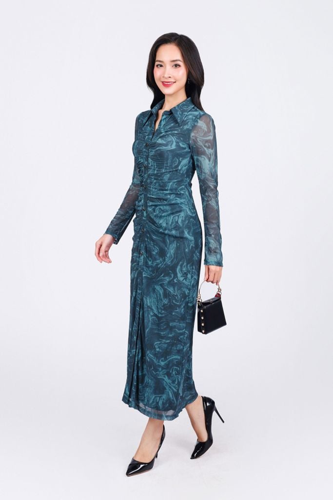 FDP93451 - Đầm dạo phố vải lưới dáng ôm cổ đức tay dài thân váy nhún phối khuy tạo kiểu xẻ tà trước khoá thân sau - PANTIO