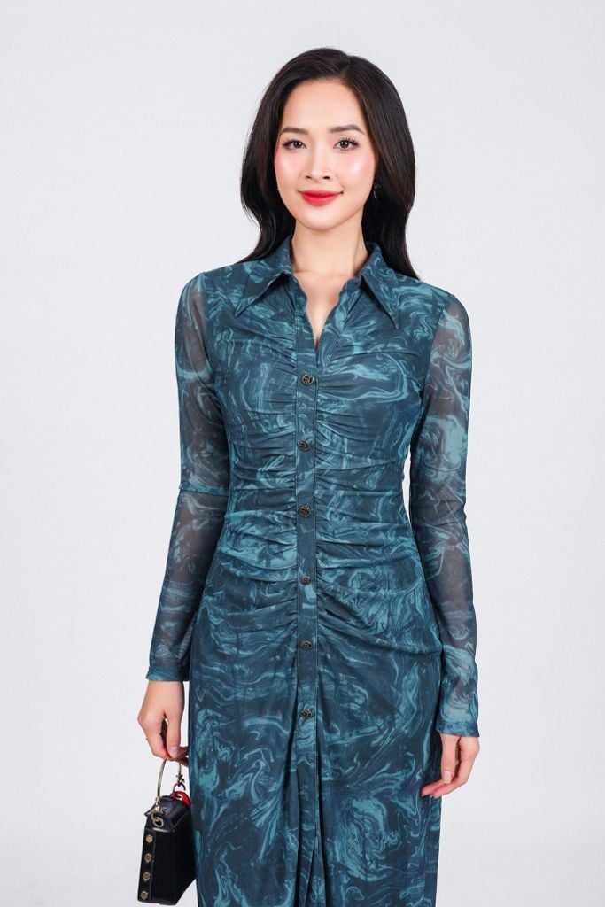 FDP93451 - Đầm dạo phố vải lưới dáng ôm cổ đức tay dài thân váy nhún phối khuy tạo kiểu xẻ tà trước khoá thân sau - PANTIO