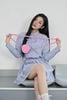 FDP93484 - Đầm dạo phố vải thô kẻ mỏng dáng suông cổ đức phối ren eo bo chun ôm co giãn thân váy xếp tầng tạo kiểu - JAN.