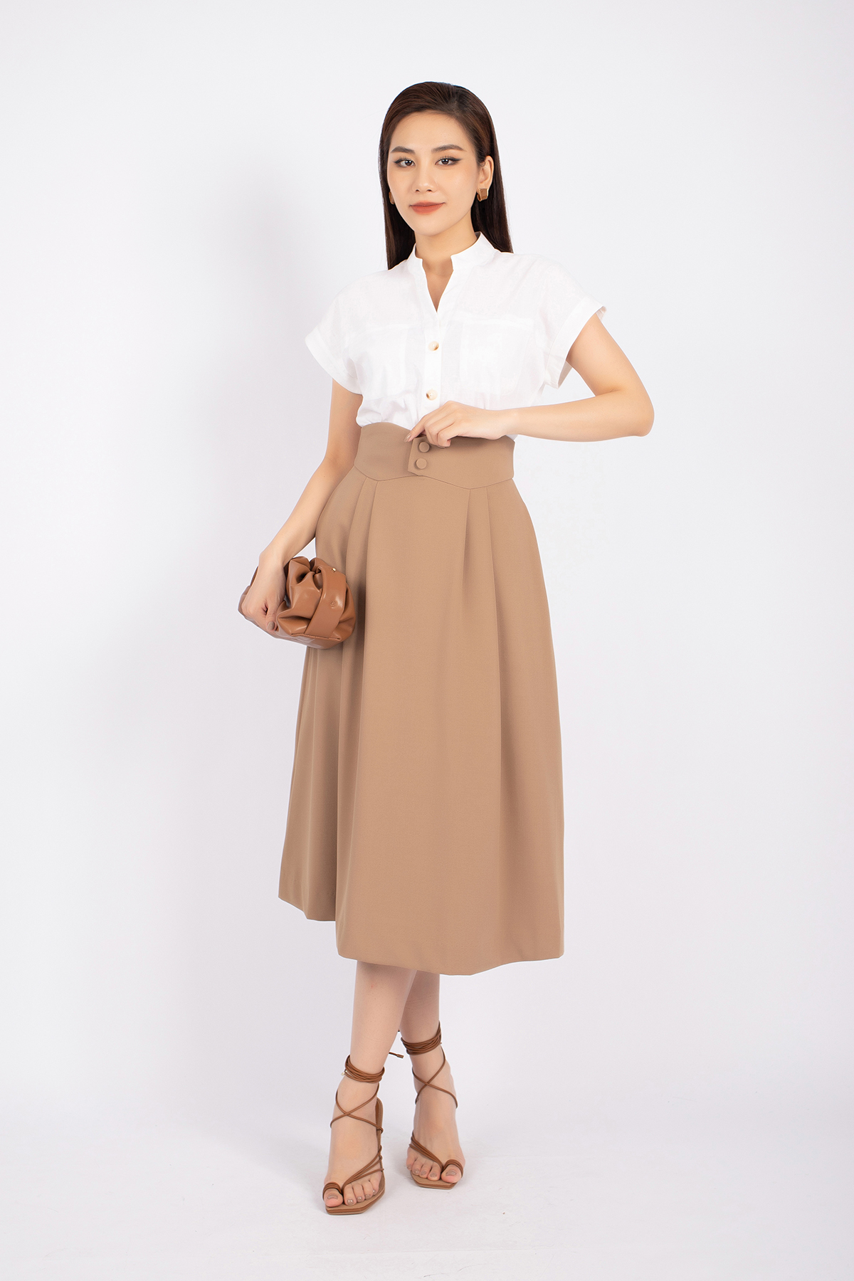 FJD3993 - Chân váy midi công sở vải thô dáng xòe cạp tạo kiểu đính cúc trang trí - PANTIO