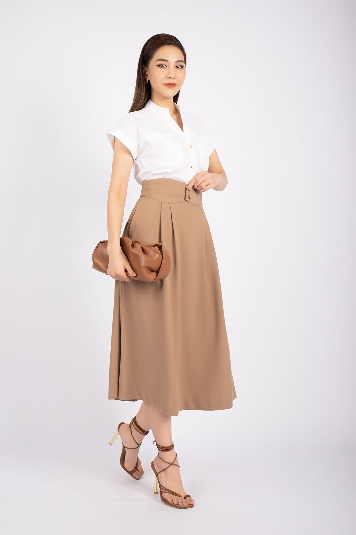 FJD3993 - Chân váy midi công sở vải thô dáng xòe cạp tạo kiểu đính cúc trang trí - PANTIO