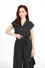 FJS1185 - Jumpsuit công sở vải thô kẻ dáng ôm cổ hai ve vai chờm lưng chun co giãn phối dây đai thắt eo tạo kiểu - PANTIO